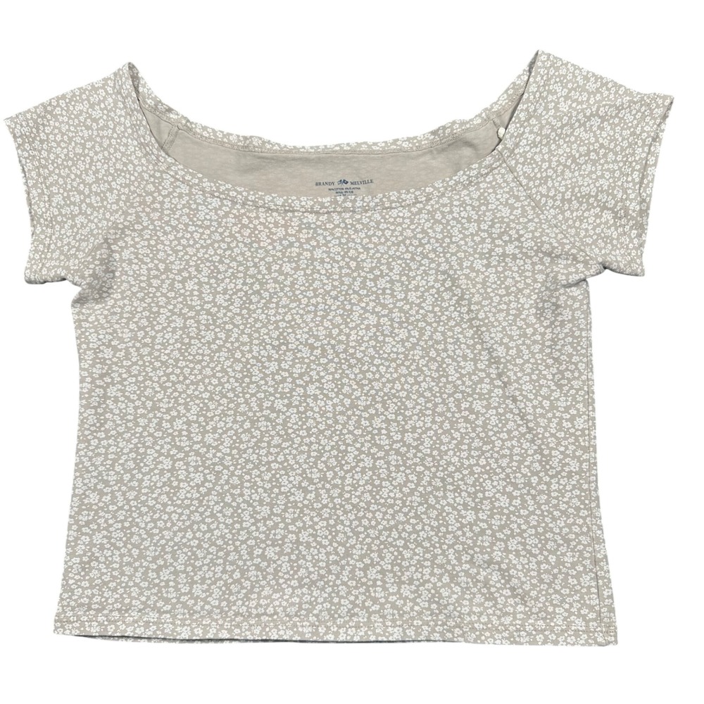 Brandy Melville Short Sleeve‎ Top Beige w/ White Floral Print